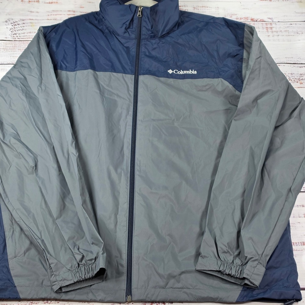 Columbia Windbreaker Jacket Mens XL Blue Grey Excellent Packable Hooded Zip